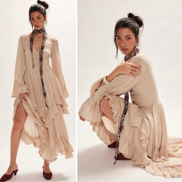 Free People Dresses & Skirts - Free People Ethereal Billowy Ruffle Mamacita Maxi Dress Neutral Witchy XL NWT
